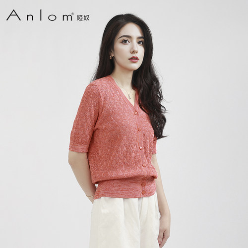 Anlom/娅奴新款女精纺气质休闲镂空上衣针织衫显瘦短袖夏季提花 - 图0