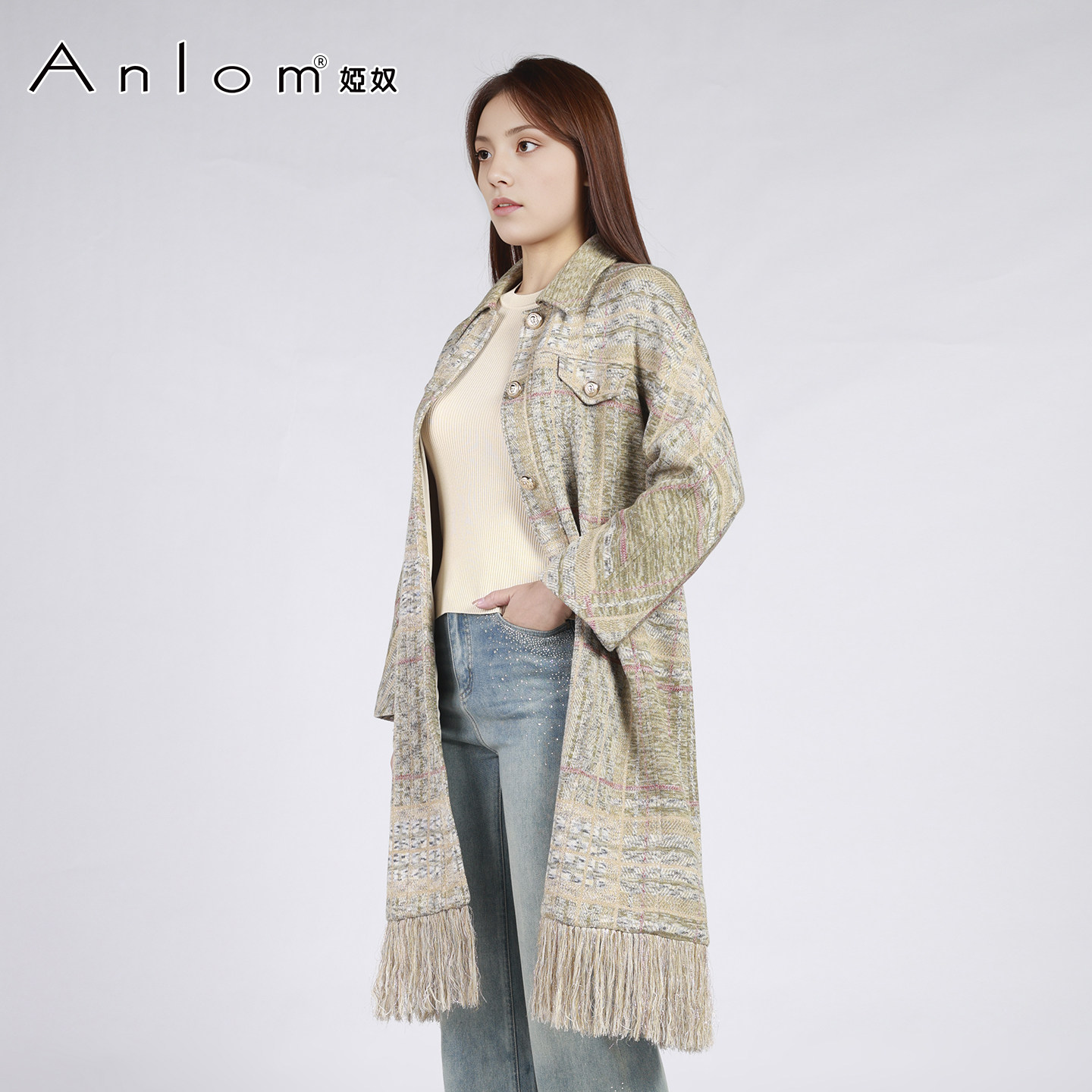 Anlom/娅奴冬季新款时尚百搭格子修身针织大衣女风衣,淘宝优惠券,粉丝福利购,淘宝优惠卷