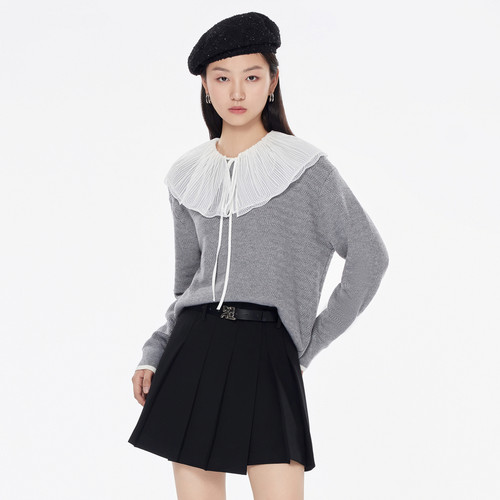 【299元3件】飘蕾灰色荷叶领毛衣女2025春季新款时尚简约减龄休闲 - 图0