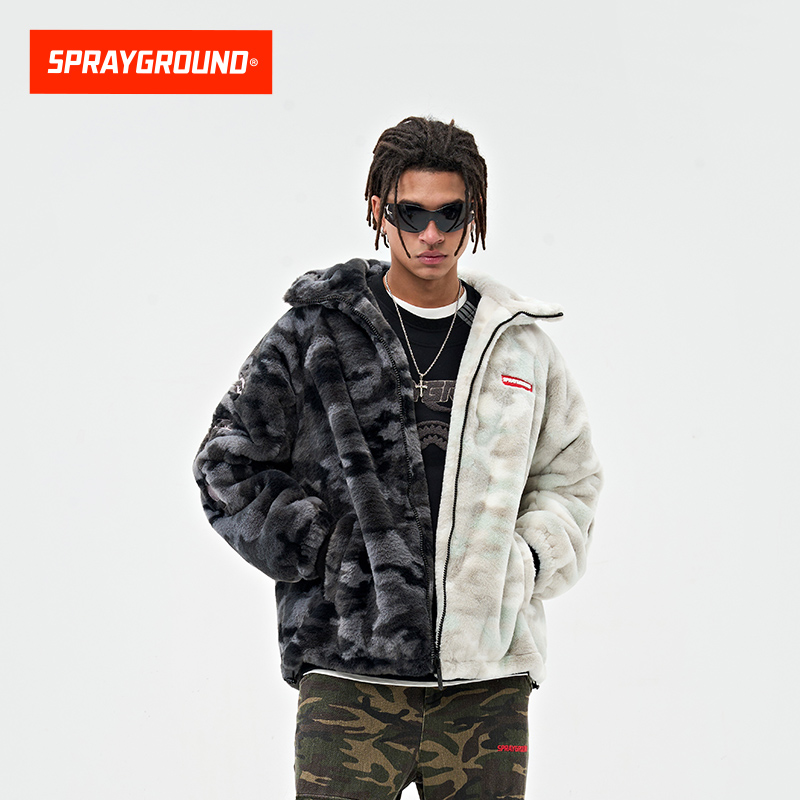 SprayGround2025冬季鲨鱼嘴毛绒棉服外套男连帽保暖高领拼接棉衣 - 图2