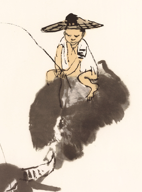 齐白石《牧牛图》中式客厅中堂挂画玄关茶室动物挂画装饰画高清