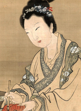 唐伯虎《红叶题诗仕女》中式客厅中堂挂画玄关古代仕女装饰画高清