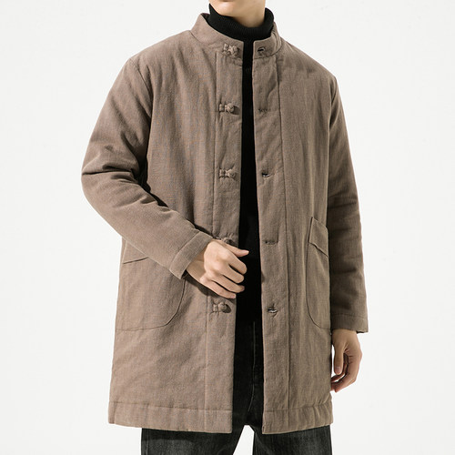 男士加棉加厚中山装外套秋冬季中长款亚麻棉衣中国风大码唐装棉服 - 图2