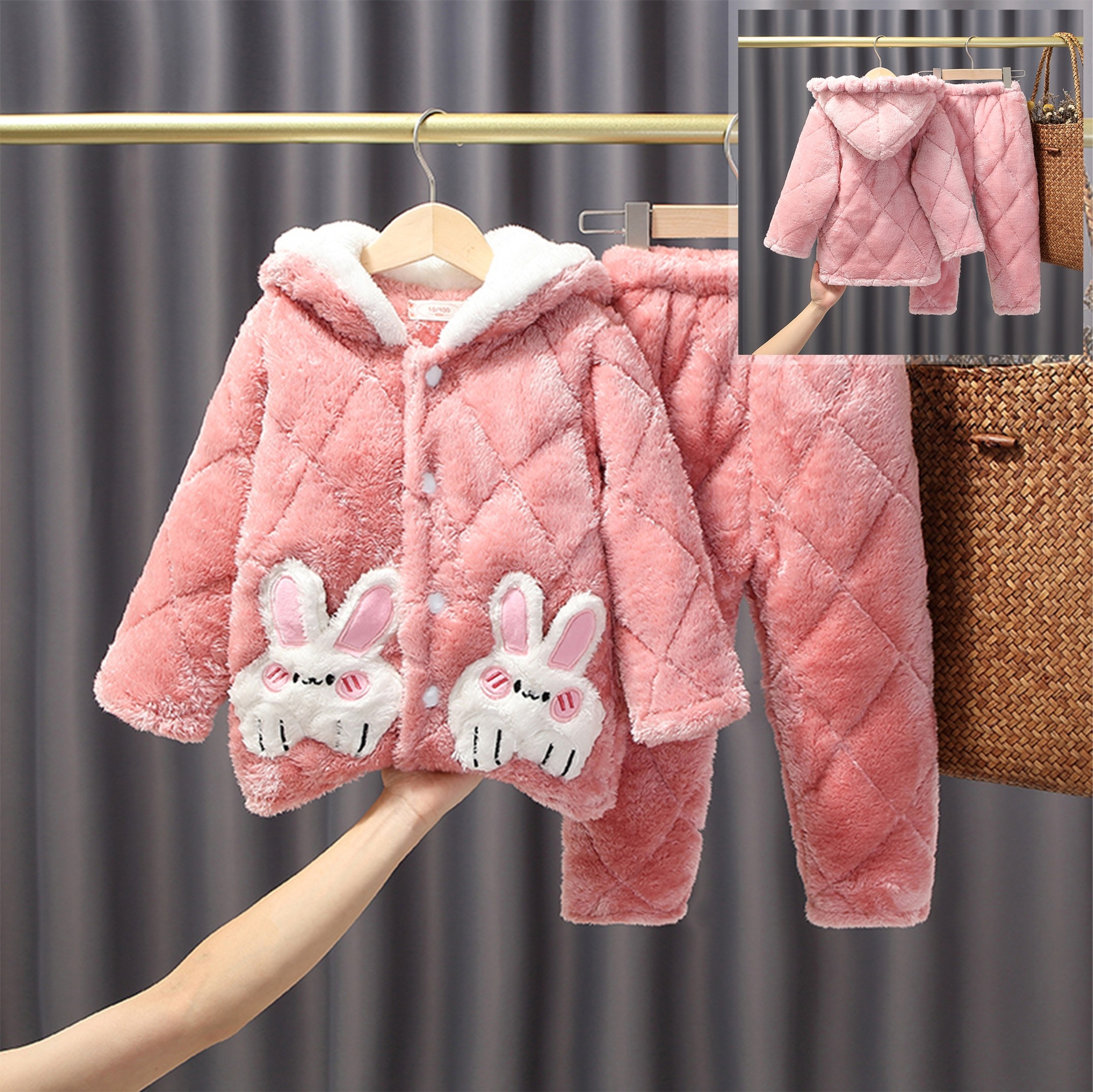 冬季女童戴帽保暖夹棉粉色加厚珊瑚绒小女孩睡衣法兰绒儿童家居服,淘宝优惠券,粉丝福利购,淘宝优惠卷