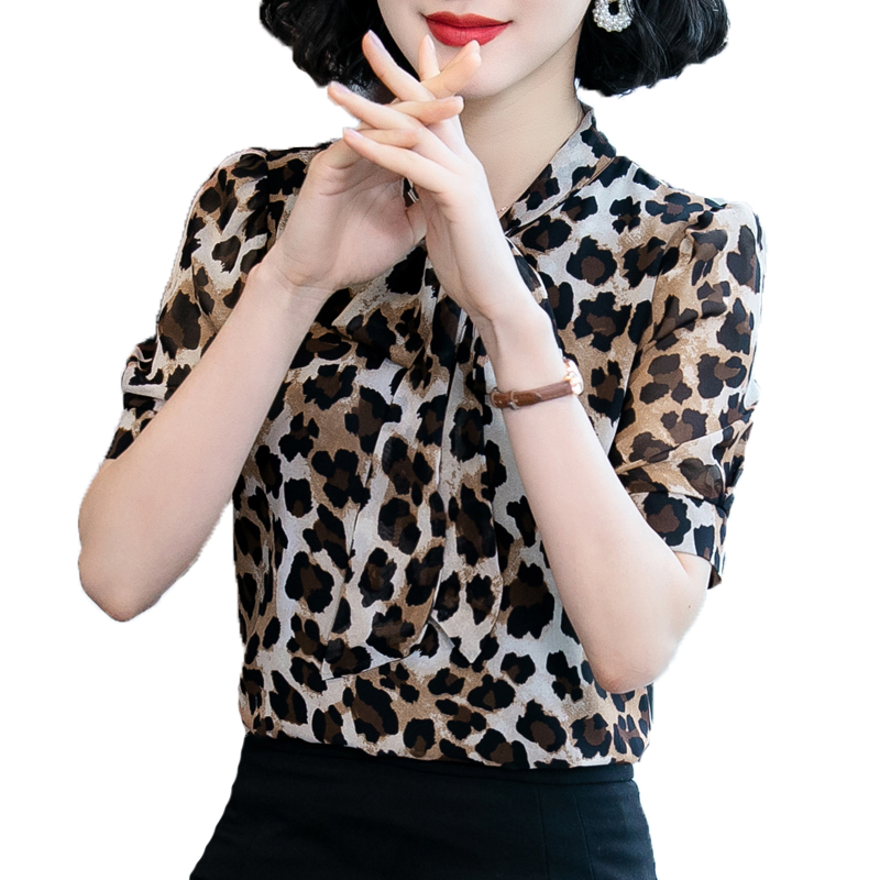 铂伊旗舰店洋气衬衫女短袖年夏季新款内搭长袖打底收腰遮肚豹纹雪纺上衣3