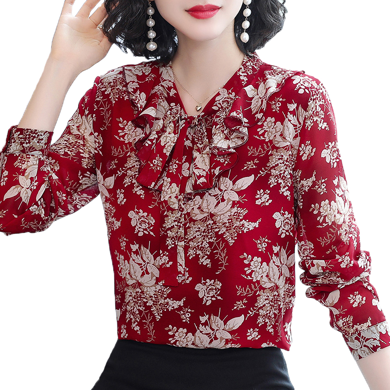 铂伊旗舰店碎花上衣女秋装新款气质长袖大码洋气打底小衫遮肚子雪纺衬衫3