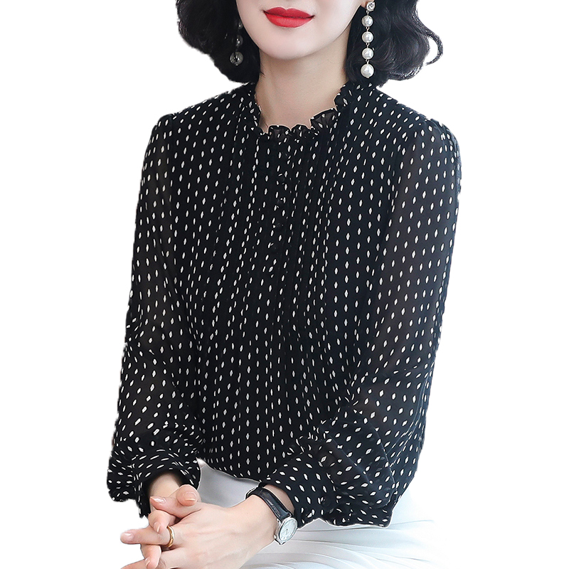 铂伊旗舰店春秋装新款气质长袖洋气小衫女时尚波点上衣显瘦遮肚子雪纺衫3