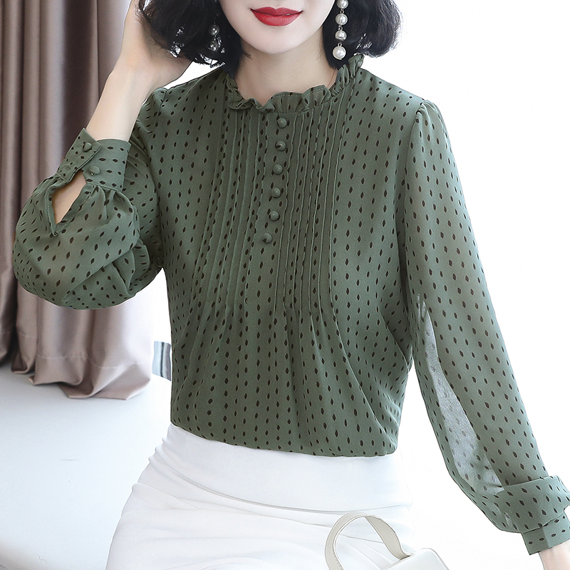 铂伊旗舰店春秋装新款气质长袖洋气小衫女时尚波点上衣显瘦遮肚子雪纺衫2