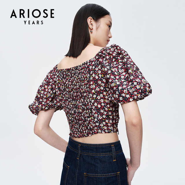 ARIOSEYEARS ຜະລິດຕະພັນລະດູຮ້ອນໃຫມ່ ຄໍສີ່ຫຼ່ຽມ pleated puff sleeve ສັ້ນ sleeve floral top 10435027