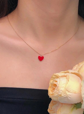日系小爱心项链女红色桃心型小巧精致镶嵌高级mini精致叠戴锁骨链