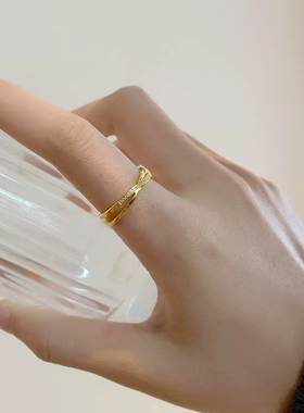 中古金色排钻交叉戒指黄金色复古气质简约百搭轻奢高级感叠戴食指