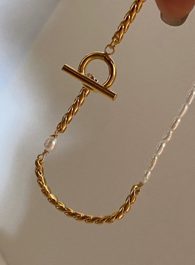 法式复古天然珍珠手链金属麻花