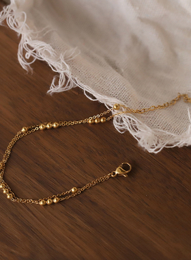 洗手免摘唯美美国18K镀真金双层蛇骨圆珠简约叠戴手链礼物精致ins