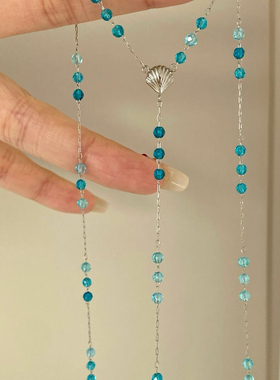 蓝色贝壳Y形项链琉璃内雕海星图案钛钢链条潮酷个性海边度假配饰