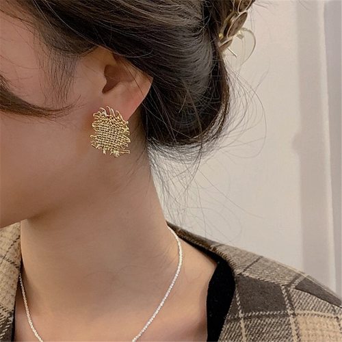 原创设计师款复古气质秋冬质感欧美金属洋气编织925银针耳钉耳环 - 图0