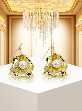 小众轻奢欧美简约ins风高级质镀金时尚甜美树叶设计珍珠耳环项链