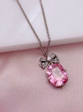 小众粉色锆石蝴蝶结项链百搭