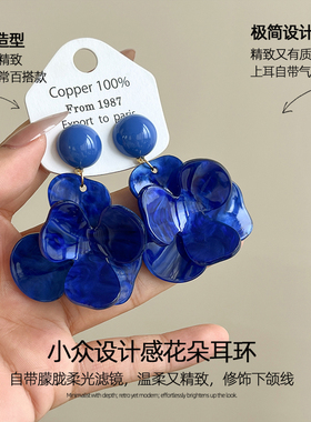 925银针蓝色设计感花朵耳钉女