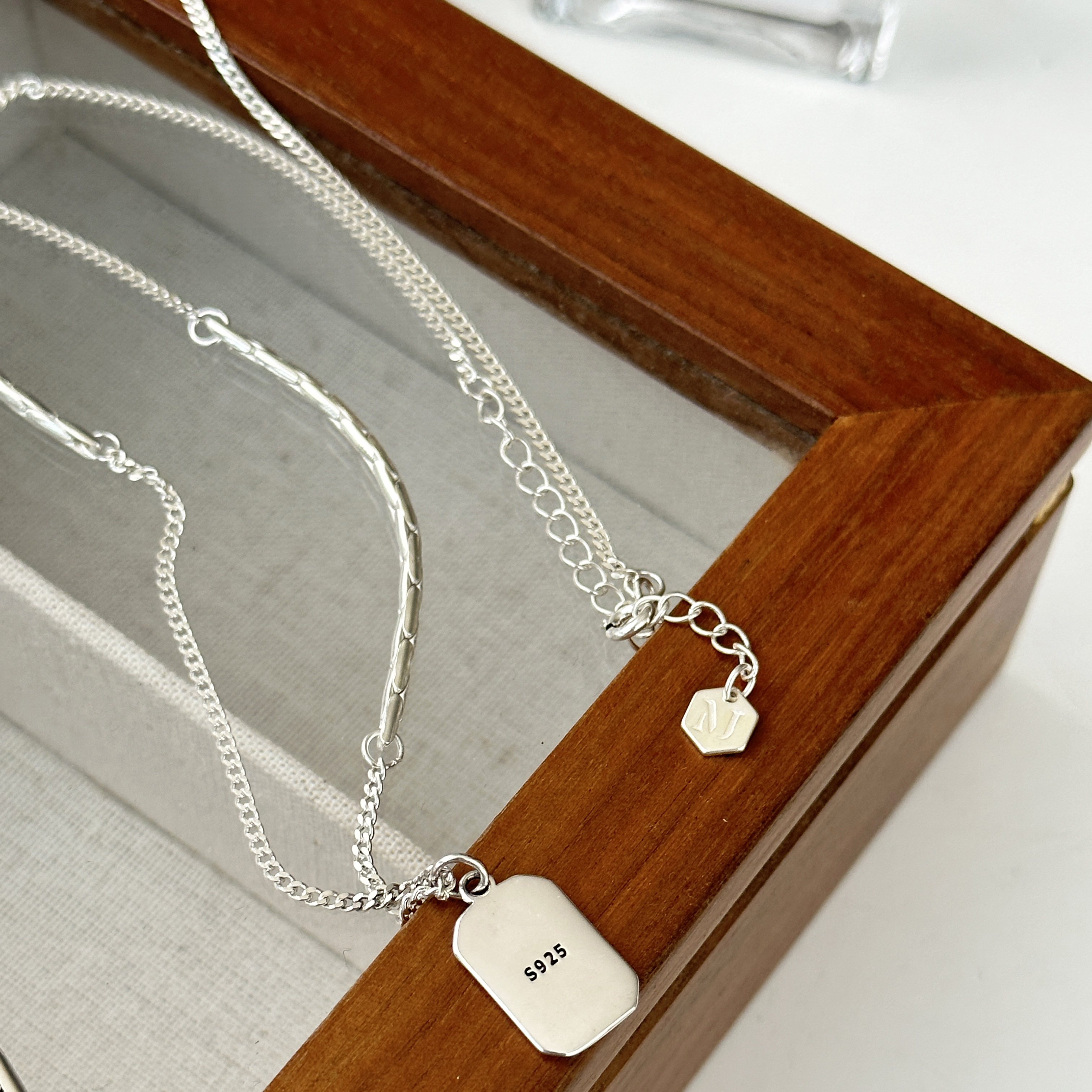 MISS JOJOins风时尚简约百搭气质女几何方牌龙骨纯银项链 - 图0