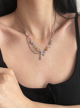 合金蝴蝶吊坠碎石拼接锁骨链女潮