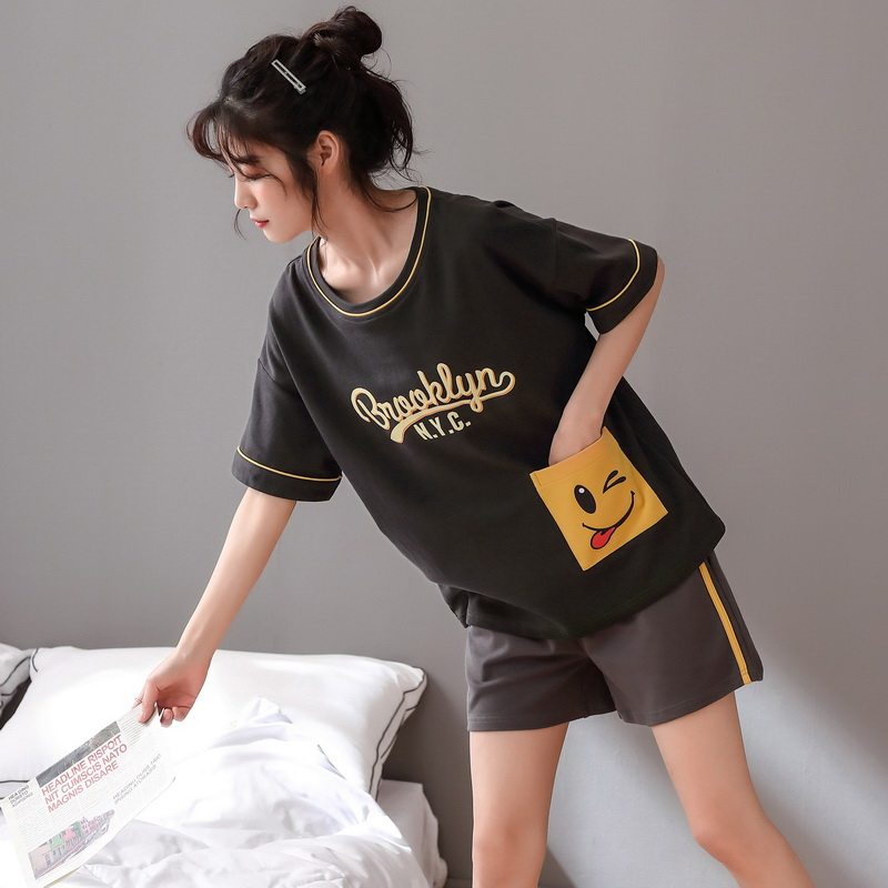 带胸垫夏季纯棉短袖可爱小熊睡衣 苏腾睡衣/家居服套装