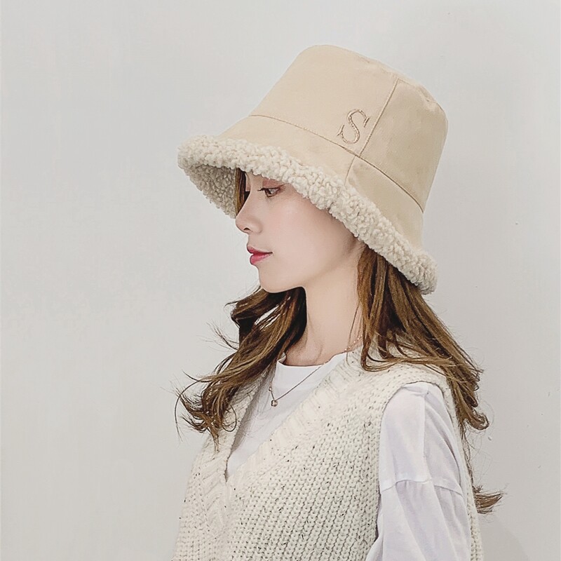 渔夫帽女秋冬百搭双面羊羔绒时尚盆帽冬天保暖帽子