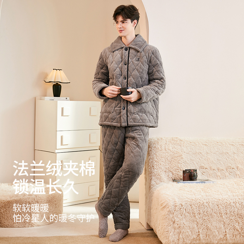 芬腾2025新款男冬季珊瑚绒三层夹棉加厚保暖舒适简约休闲时尚套装