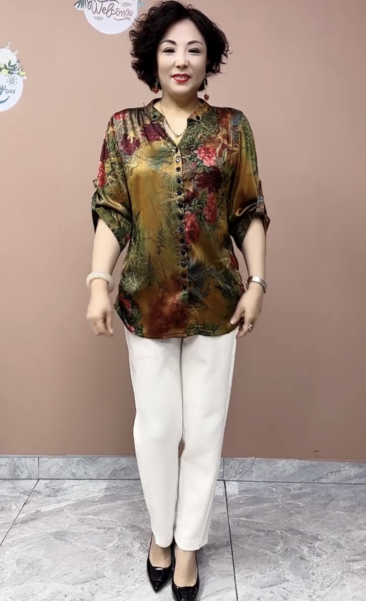 夏季中老年妈妈装真丝桑蚕丝套头大码衬衫高端时尚宽松遮肚子上衣 - 图1
