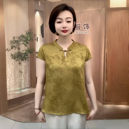 春夏新款丝缎衬衫时尚减龄中老年妈妈装盘扣宽松大码遮肉真丝T恤 - 图2