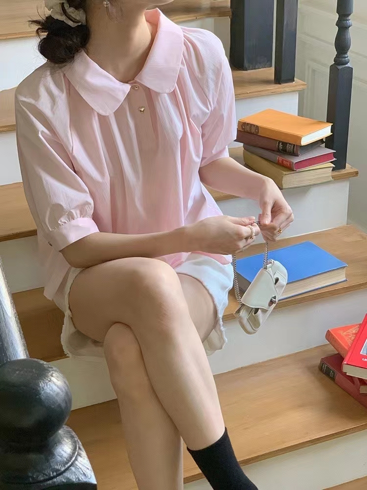 白纱音 浅粉色娃娃领短袖衬衫 韩国女东大门通勤休闲纯色纯棉上衣 - 图0