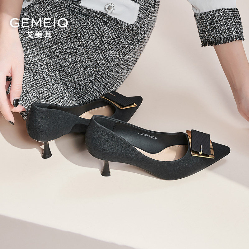 戈美其正品春秋新款通勤百搭黑色尖头细跟高跟晚宴职业单鞋女夏季
