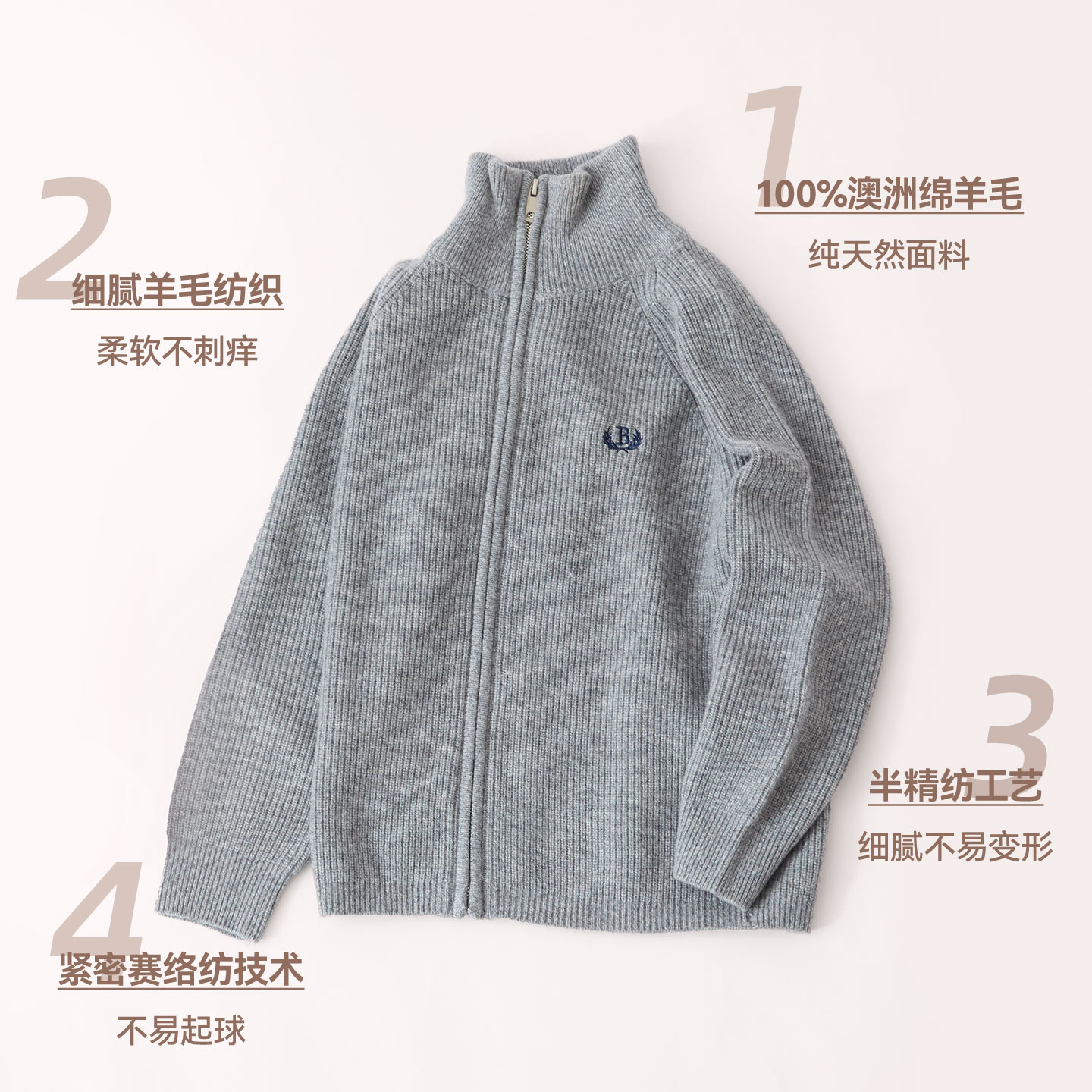 红豆儿童100%绵羊毛衫男童中大童秋冬内搭保暖衣拉链外套针织衫M - 图1