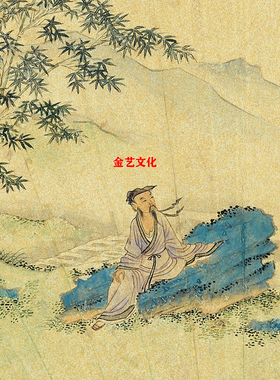 明 仇英 竹林居士扇面 名家青绿山水人物国画画芯微喷复制装饰画