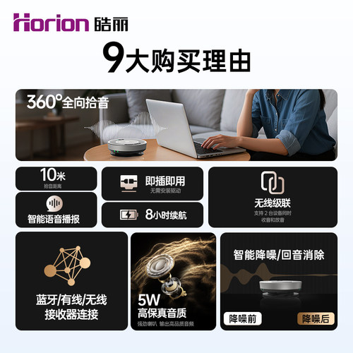 皓丽视频会议全向麦克风音响一体无线级联AI智能降噪桌面扬声器蓝牙电脑笔记本拾音器腾讯会议室专用麦克风 - 图1