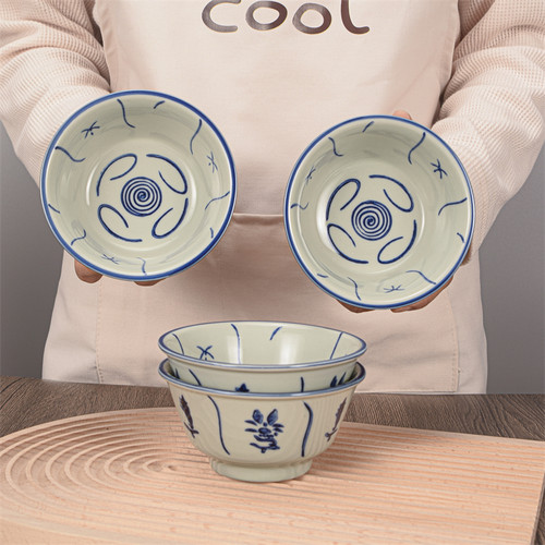 怀旧手绘陶瓷碗米饭碗民国葵斗碗竹花碗汤碗加厚凉茶碗青花碗勺 - 图0