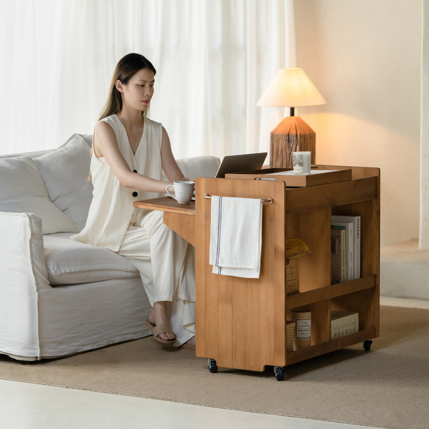 onlythis原木风可移动边几多功能实木推车茶几矮桌工作台收纳柜,淘宝优惠券,粉丝福利购,淘宝优惠卷