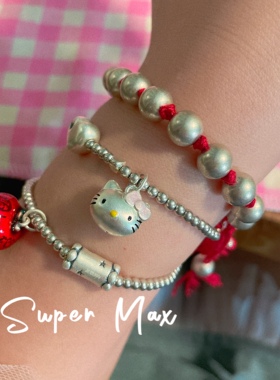 Super max原创小众设计纯银s925足银999复古做旧银珠猫咪叠戴手链