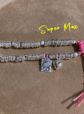 原创手作纯银925可爱kt猫爱心方牌实心银圈盘缠棉线可调节手链