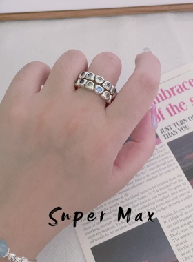 Supermax韩版纯银s925小众设计款重工小石头彩色锆石叠戴开口戒指
