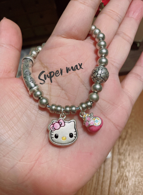 S999做旧复古银手链女 福字弯管银珠串 可爱猫猫福袋s925原创手串
