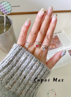 韩版原创小众s925银手作彩虹串珠戒指笑脸爱心食指戒尺码可定制