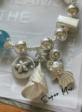 原创设计S925泰国手工银魔鬼蓝海蓝宝水晶重工金鱼星星圆牌手链