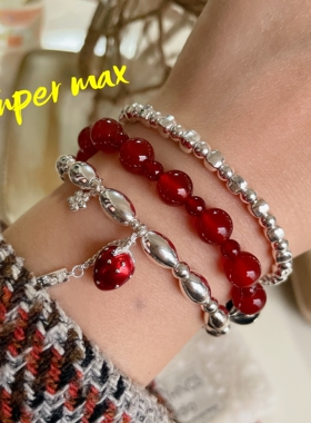 Super max原创小众纯银s925精工草莓没有烦恼米珠叠戴银珠手链