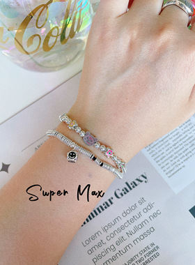 原创手作纯银925棉线可爱笑脸小众个性百搭银圈可调节叠戴手链女