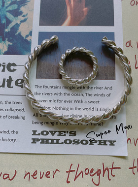 韩国东大门小众设计通体925纯银实心百搭个性麻花重工手镯戒指女