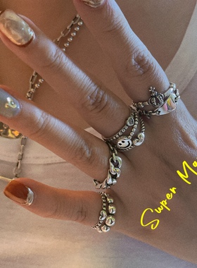 super max 纯银S925小众设计款开口笑脸爱心星星皇冠做旧戒指尾戒