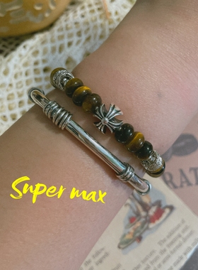 原创小众设计款纯银s925重工十字球球虎眼石叠戴百搭手链女