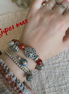 Super max 原创小众设计纯银s925复古做旧镂空小鱼玛瑙百搭手链