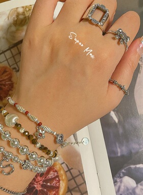 super max原创设计款韩版小众S925纯银重工镂空方形叠戴开口戒指