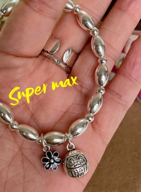 Super max原创小众纯银s925精工达摩小蓝花米珠叠戴银珠手链